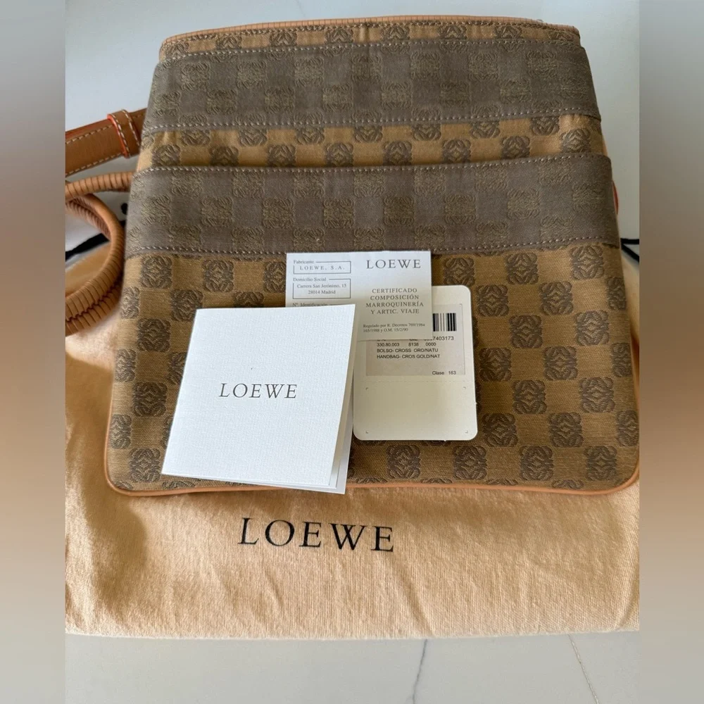 Authentic Loewe Brown & Tan LOGO Patterned Crossbody Bag